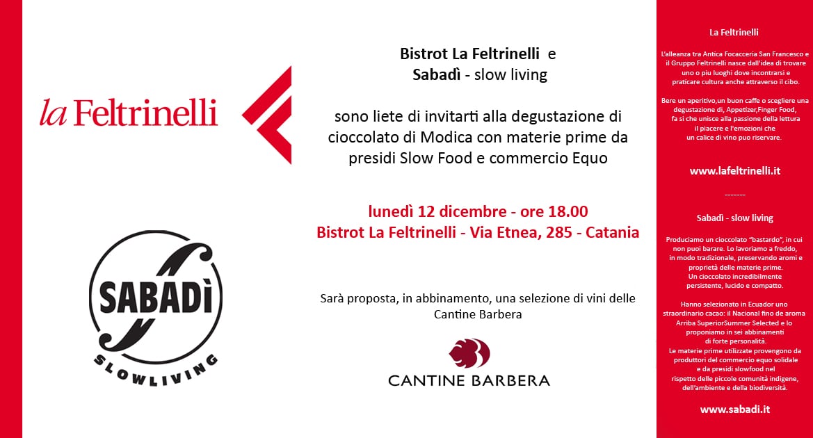 Cioccolato di Modica Sabadì al Bistrot Feltrinelli di Catania 1 invito Feltrinelli1
