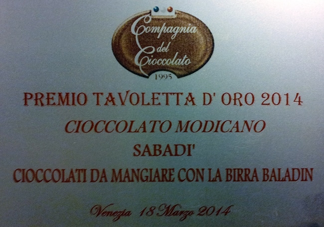 Premio Tavoletta d'oro 2014 come miglior cioccolato di Modica per il cioccolato da mangiare con la Birra Baladin 1 premio tavoletta d'oro 2014