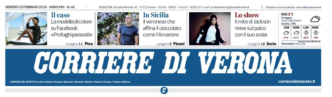 Corriere di Verona- Prima pagina con trafiletto Sabadì