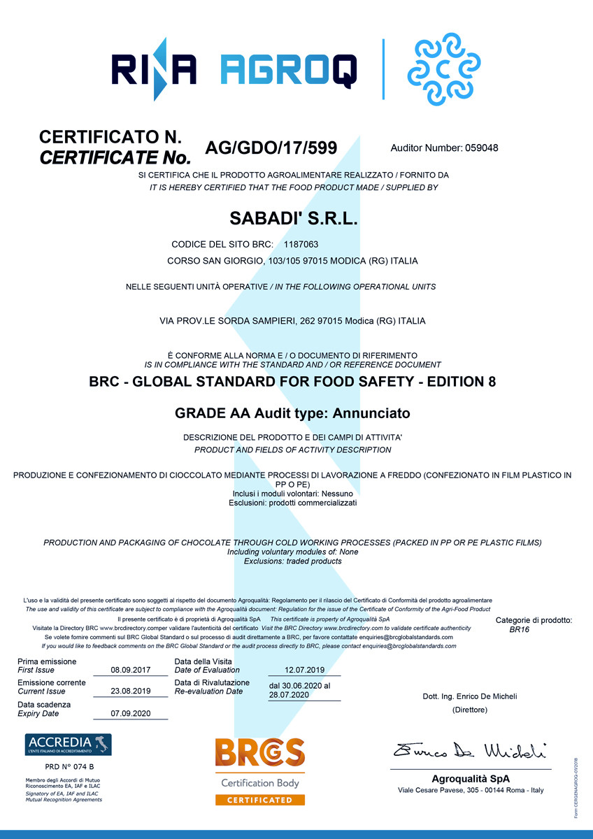 Certificazione BRC al cioccolato di Modica Sabadì